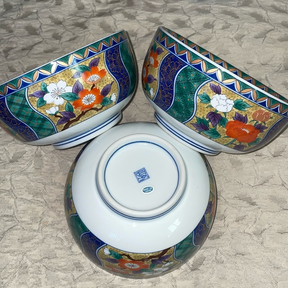Arita ware JAPAN gold colordyed brocade flower pattern Ko-Imari rice bowls!RARE